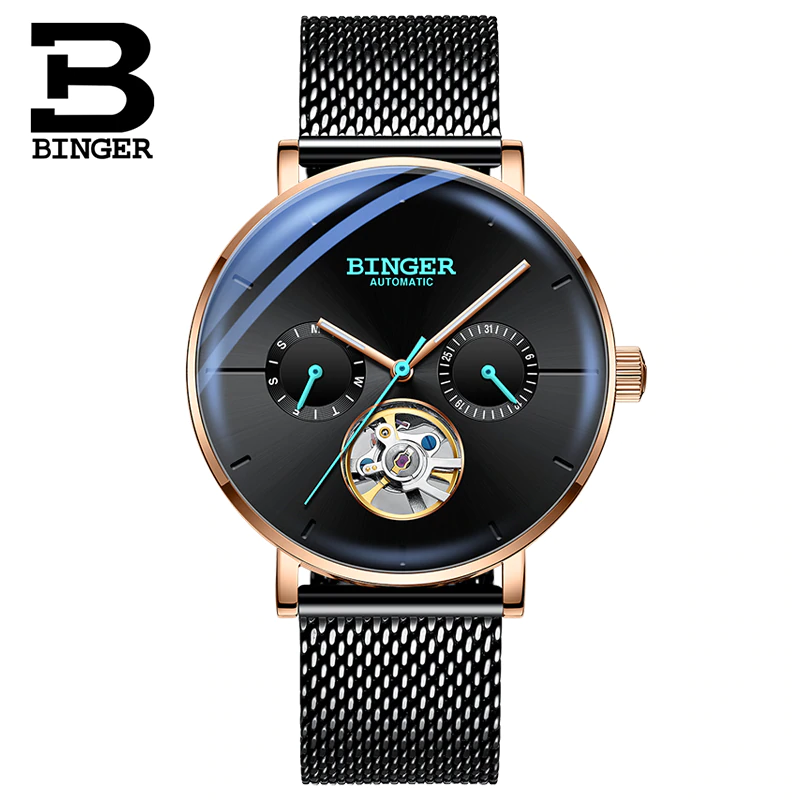 Binger Swiss Mechanical Black Business Luxury Men Watch B 8612