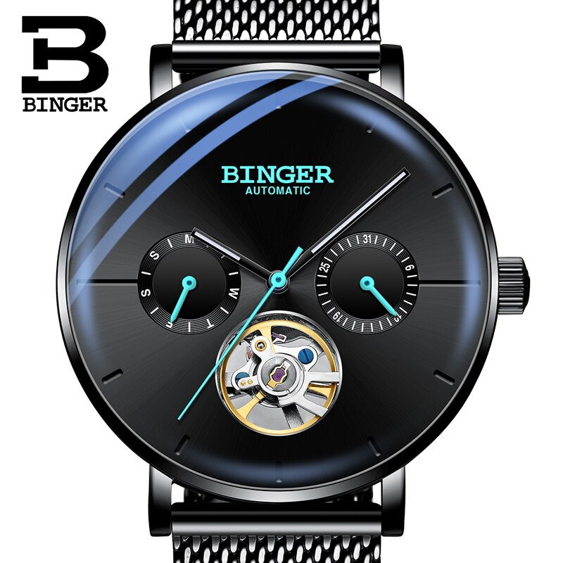 Binger Swiss Mechanical Black Business Luxury Men Watch B 8612