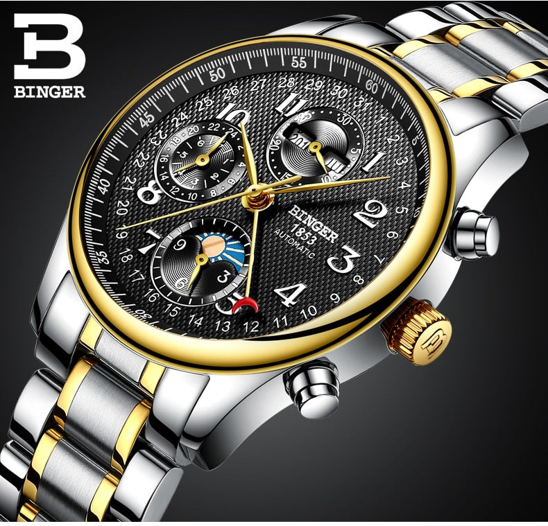 Binger Swiss Moon Phase Mechanical Watch Men B 603-8