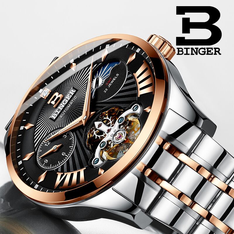 Binger Swiss 22 jewels Tourbillon Mechanical Men Watch B 1186